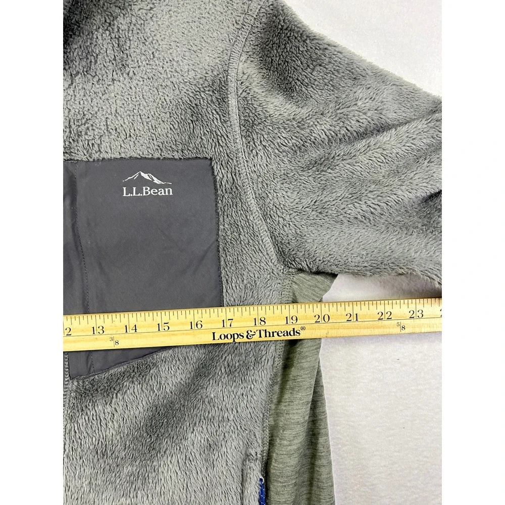 LLBean Mens Fleece Jacket Full Zip Gray Blue Trim‎ Pockets Size Medium